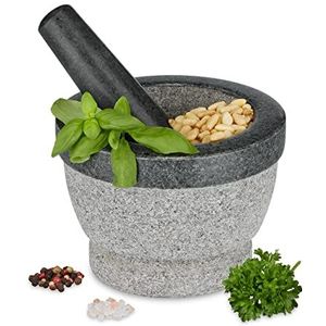Relaxdays vijzel met stamper - graniet - 14 cm - mortier steen - aanrecht - keuken