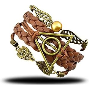 Qazuwa Armbanden, Armband van PU-leer met gouden vleugels en uilen, vintage gevlochten armband voor mannen en vrouwen