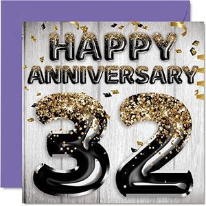 Leuke 32e verjaardagskaart voor echtgenoot, vriend, vrouw, vriendin, zwarte en gouden glitterballonnen, wenskaarten voor 32 jaar familie, 145 mm x 145 mm