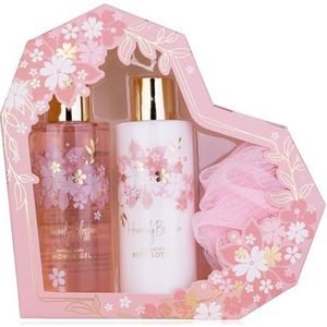 Accentra HEAVENLY BLOSSOM doucheset voor dames in mooie geschenkdoos, 3-delige verzorgingsset met douchegel, bodylotion en mesh-spons, geschenkdoos voor Valentijnsdag