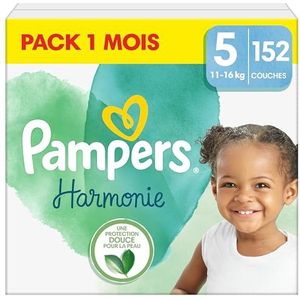 Pampers Harmonie luiers maat 5 (11-16 kg), 152 luiers, verpakking voor 1 maand, 100% Pampers-absorptie en plantaardige ingrediënten, hypoallergeen. Nu met meer luiers
