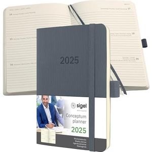 SIGEL Conceptum C2537 Agenda semainier 2025, format A6, gris foncé, couverture souple, 176 pages, élastique, passant pour stylo, pochette d'archives, certifié PEFC, Conceptum