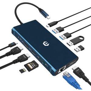 12-in-1 USB C-hub, USB C-dockingstation, drievoudig scherm 4K DP/2 HDMI, MacBook Pro/Air USB C-adapter (5 Gbit/s USB A/C 3.0,1 g Ethernet, PD 100 W, micro 3,5 mm, SD/TF) voor Dell, HP, Lenovo