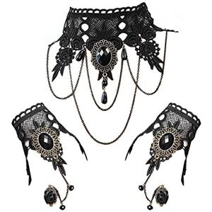 Jurxy Zwarte halsketting van kant met armband punk party gothic vintage slaaf armband retro Lolita handgemaakte armband voor dames, metaal, strass, Stras