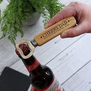 eBuyGB Cheers Dad flessenopener met houten handvat, cadeau voor papa, Vaderdag, grappig verjaardagscadeau, flessenopener van hout met lasergravure