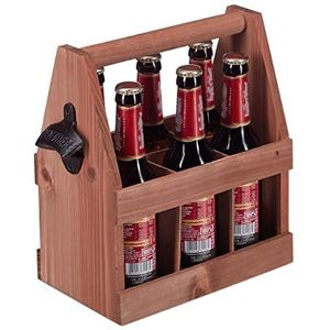 Relaxdays Bierdrager - Bierhouder 6 Flessen - met Flesopener - Biertray - Houten Bierkrat