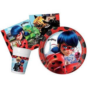 Ciao- Party Table Set Miraculous Ladybug 8 people (44 pcs: 8 paper plates Ø23cm, 8 paper plates Ø20cm, 8 plastic cups 200ml, 20 paper napkins 33x33cm), Y5042