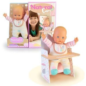 Nenuco NFN80000 pop met motieven in natuurlijke kleuren, inclusief een kinderstoel van karton, een babypop van 25 cm en een zacht lichaam