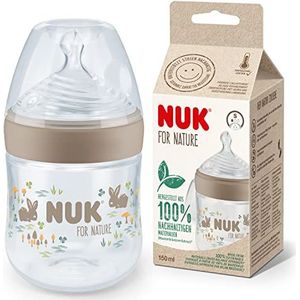 NUK for Nature Babyfles, kleine fopspeen, 150 ml, siliconen fopspeen met anti-koliek ventiel, temperatuurregeling, BPA-vrij, beige