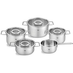 Fissler Pure Collection Set van 5 roestvrijstalen kookpotten met glazen deksel (3 potten, 1 pan, 1 pan en 1 braadpan) - inductie