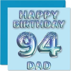 Verjaardagskaart 94 jaar voor papa - blauwe glitterballonnen - verjaardagskaarten voor papa 94 jaar van zoon, dochter, 145 mm x 145 mm