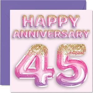 Schattige verjaardagskaart voor vrouwen, vriendin, echtgenoot, vriend, glitterballon, roze violet, wenskaarten voor de 45e verjaardag van de familie, 145 mm x 145 mm