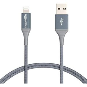 Amazon Basics USB-A naar Lightning-aansluitkabel, dubbel gevlochten nylon, geavanceerde collectie, MFi-gecertificeerde oplaadkabel voor iPhone, donkergrijs, 1,8 m