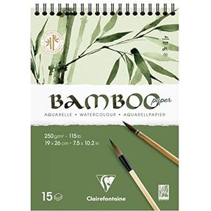 Clairefontaine 975925C Spiraalblok met bamboekop, 15 vellen papier, 100% bamboe, aquarel, wit, 100% veganistisch, fijn gemarkeerde korrel, 19 x 26 cm, 250 g