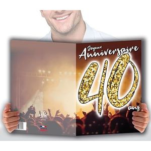 MAXI Grote reuzenkaart XXL voor verjaardag 40 jaar, uniseks, H/F + envelop, formaat 32 x 23 cm, cijfers, goud, feest, handdansen in de lucht, muziek, sfeer, concert, gemaakt in Frankrijk MX-5040