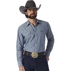 Wrangler Western werkhemd met drukknopen met lange mouwen, gestroomlijnde afwerking, middenblauw, Chambray middenblauw, 18 inch Collo 36 inch Manica, Chambray middenblauw.
