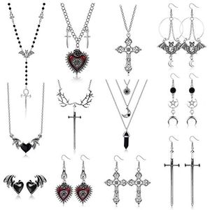 Kakonia 10-12 stuks halsketting oorbellen gothic oorbellen halsketting vintage legering kruisketting voor dames, Metaal