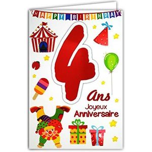 69-2104 verjaardagskaart, 4 jaar, kinderen, jongens, meisjes, clown, cadeau, vogel, cupcake, schilderwerk, kwast, regenboogkleuren