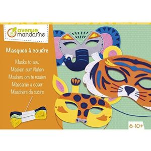 AVENUE MANDARINE - Creatieve set met dierenmaskers van vilt voor het naaien – 1 giraffenmasker + 1 masker olifant + 1 tijgermasker + 1 naald + 3 bollen garen – vanaf 6 jaar – KC135C