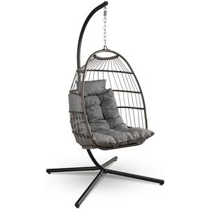 SereneLife Opvouwbare hangstoel van gevlochten rotan met standaard - hangstoel met waterdicht kussen en hoofdsteun - perfect voor terras, slaapkamer, veranda en tuin, eenheidsmaat