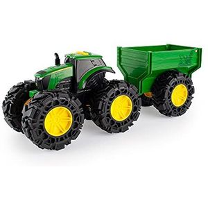 John Deere Monster Treads speelgoedtractor en aanhanger, vrachtwagen speelgoed met grote wielen, speelgoed voor kinderen, voor jongens en meisjes vanaf 3 jaar, lengte met aanhanger 38 cm