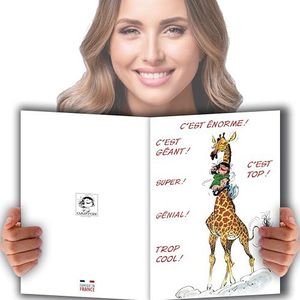 GLMX-2038 MAXI grote reuzenkaart XXL, Gaston LAGAFFE + envelop, formaat 32 x 23 cm, Happy Birthday, 1 jaar plus humoristische giraf, humor voor kinderen, jongeren of volwassenen, H/F, gemaakt in