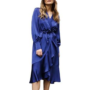 Pretty Darling Robe Midi Col V Manches Longues Volants Bleu Marine Robe Décontractée, bleu, 40