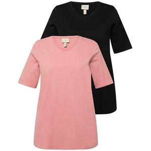 Ulla Popken, Set van 2 T-shirts voor dames - Grote maten - V-hals - Halve mouwen - Biologisch katoen, rood, 60-62, Rood