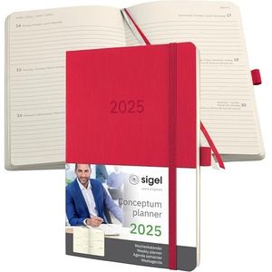 SIGEL Conceptum C2534 Agenda semainier 2025, env. A5, rouge, couverture souple, 192 pages, élastique, passant pour stylo, pochette d'archive, certifié PEFC, vert