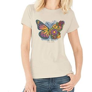 Del Sol Boyfriend T-shirt voor dames met vlindermotief, natuurlijke kleur, blauwe verandering in felle kleuren in zonlicht, 100% gekamd katoen, ringgesponnen, fijne jersey, L, Beige