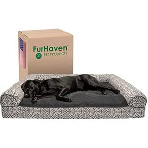 Furhaven Orthopedisch hondenbed in pluche met Zuidwest-decoratief patroon - afneembare wasbare overtrek - steengrijs Jumbo Plus (maat XXL)
