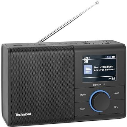 TechniSat DIGITRADIO 217 – Radio numérique DAB+ compact et portable (FM, écran couleur, Bluetooth, présélections, fonctionnement sur secteur ou piles, double alarme, favoris) noir