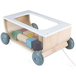 Janod - Sweet Cocoon kubuswagen - 2-in-1 kruipspeelgoed, houten wandelwagen om te trekken + stapelspel met 17 houten kubussen - waterverf - vanaf 12 maanden J04407