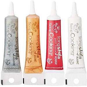 SCRAP COOKING - 4 Icing Gebak Pennen: Goud, Choco, Wit & Rood - Eetbare Potloden Decoratieve Kleurstoffen voor Schrijven en Tekenen Op Desserts, Taarten & Koekjes