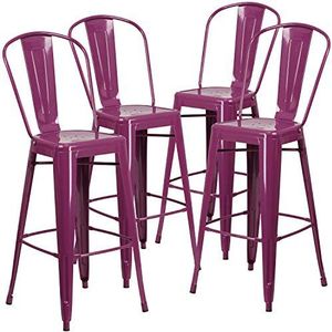 Flash Furniture Barkruk van metaal, met leuning, 76,2 cm, violet, 4 stuks