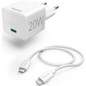 Hama USB-C-snellader 20 W + USB-C-Lightning-kabel (Apple USB-C-oplader, USB-C-oplader, mini-oplader + Lightning-kabel, ideaal voor iPhone, iPad, AirPods, smartphone, PD, MFI-gecertificeerd) wit