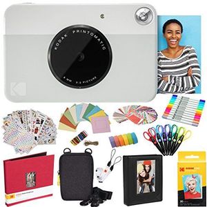 KODAK Printomatic Instant Camera (grijs) compleet pakket + zinkpapier (20 vellen) + luxe etui + fotoalbum + 7 stickersets + marker + schaar + randstickers en meer