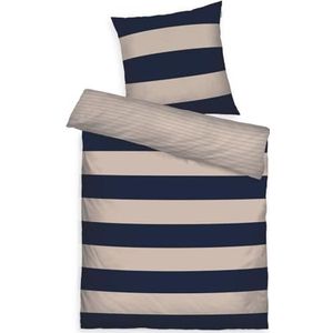 Herding TOM TAILOR Beddengoed Bold Stripes Dark Navy & Sunny Sand, 80 x 80 cm + 155 x 220 cm, 100% katoen/versterking, met Wendemotief en gekleurde merkritssluiting