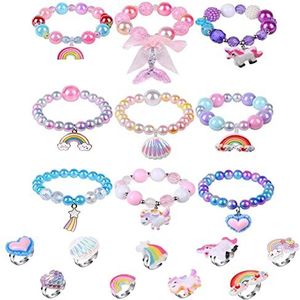 Aucuu Ringenset, eenhoorn-armbanden, parelarmbanden voor meisjes, verstelbaar, ring met regenboogeenhoorn, sieradensets voor kinderen, cadeau voor verjaardag, meisjes, Acrylonitril-butadieen-styreen
