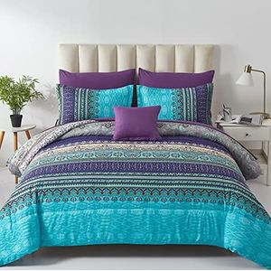 8-delige beddengoedset van zachte microvezel met strepen voor tweepersoonsbed, kasjmier, bloemenpatroon, aqua