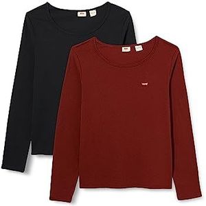Levi's Set van 2 T-shirts voor dames, Ls 2 Pack Thee 2 Pack Ls Mineral Black & Fired Brick