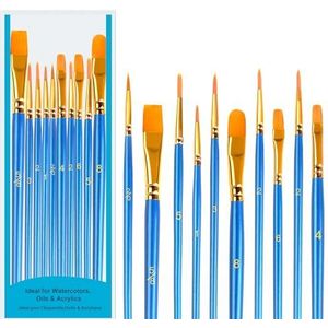 SUTOUG Set van 20 penselen met ronde punt van nylon en hout voor olieverf, acryl, steenverf, gezicht en nagels, blauw