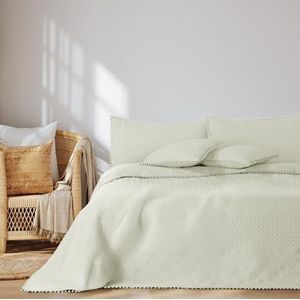 AmeliaHome Couvre-lit avec pompons 170 x 270 cm - Couvre-lit matelassé ultrasonique - Polyester - Crème