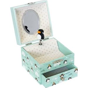 TROUSSELIER - Pinguïn - Schatkist en muzikale sieraden - Ideaal cadeau voor kinderen - Gloeiend - Gloeiend in het donker - Schattenmuziek van Mozart - Kleur groen