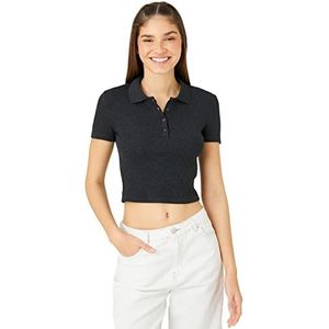 Koton T-shirt à col crop pour femme, manches courtes, détail boutonné, Anthracite (924), S