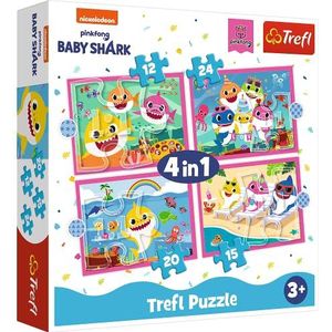 Trefl, puzzel, baby haai, 12 tot 24 stukjes, 4 sets, haaienfamilie, voor kinderen vanaf 3 jaar