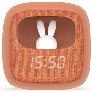 MOB Wekker en nachtlampje voor kinderen, Billy Clock, motief haas, voorkant stof, zacht frame, programmering van datum, tijd en 3 alarmen (chocolade))