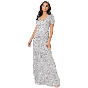 Maya Deluxe Maxi damesjurk, lange jurk versierd met pailletten en met korte mouwen, V-hals, hoge taille, glitter, baljurk, bruidsmeisjesjurk, grijs.