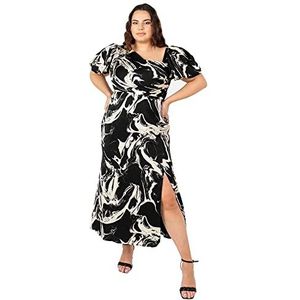 Lovedrobe Dames dames Midaxi with Slit Plus Size Curve asymmetrische neklijn Keyhole Bow Tie Gepofte korte mouw zwarte jurk, marmeren print, 46, marmeren print, 48, marmeren print