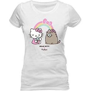 Pusheen x Hello Kitty T-shirt met korte mouwen voor dames, met regenboogmotief, officieel gelicentieerd product